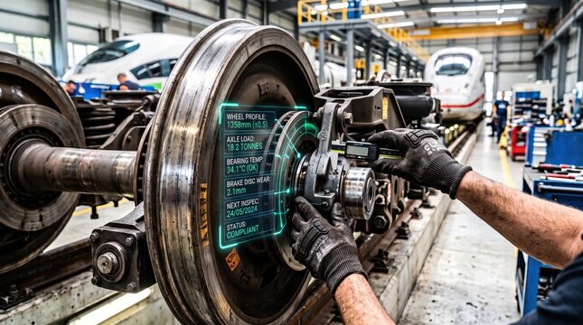 Train maintenance worker inspecting railway wheel assembly with augmented reality display showing technical specifications and diagnostic data in a high-speed rail workshop.