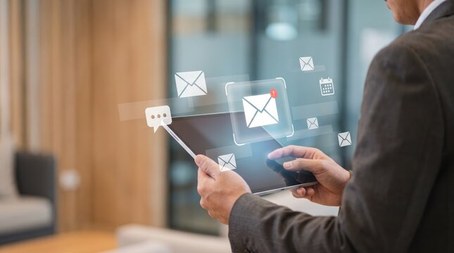 Businessman using tablet with holographic email icons floating above screen, modern office communication, digital technology, correspondence, messaging system, remote work
