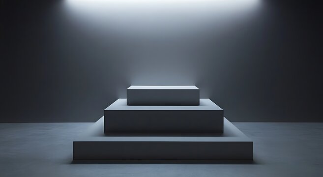 Minimalist three tier product display podium stand illuminated by bright overhead spotlight