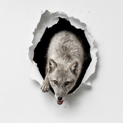 Fototapeta premium Arctic fox looking through torn hole in white paper