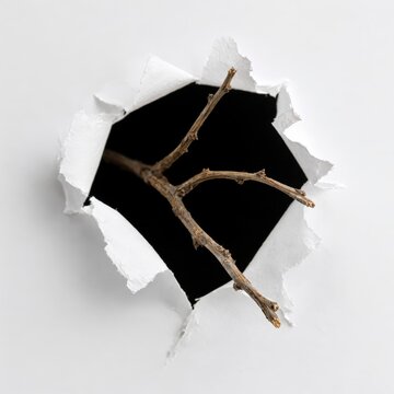 Dry twig breaking through torn white paper hole