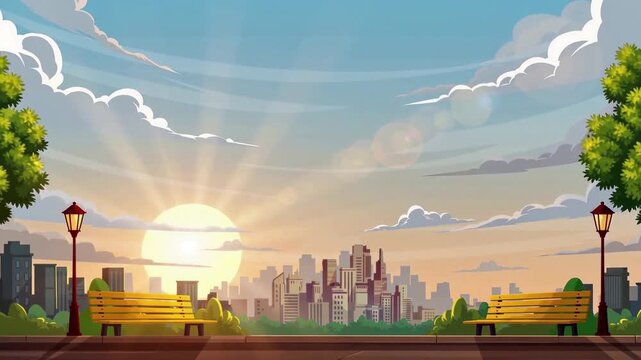 Cityscape View From Park Benches at Sunrise with Soft Lighting and Calm Atmosphere for Urban Relaxation or Travel Concept