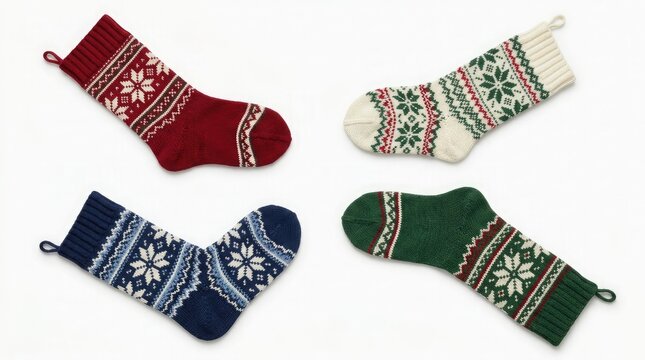 Four colorful patterned knit socks arranged on a light gray surface