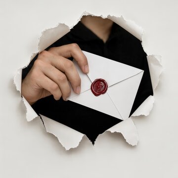 Person holding a white envelope with a red wax seal through torn paper