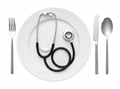 Stethoscope served on a white dinner plate with cutlery for a nutritional health concept