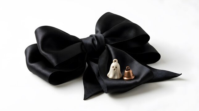 Charming Black Ribbon Bow with Adorable Ghost and Bell Charms.