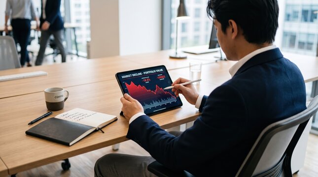 Financial investor analyzing tablet displaying stock market decline and portfolio value drop, checking red downward trend graph