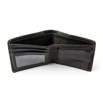 Open empty black leather men's wallet with coin pouch and ID window
