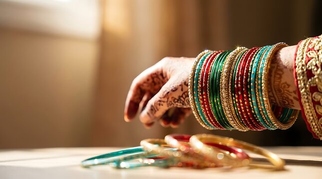 Woman applying traditional glass bangles for Indian wedding henna