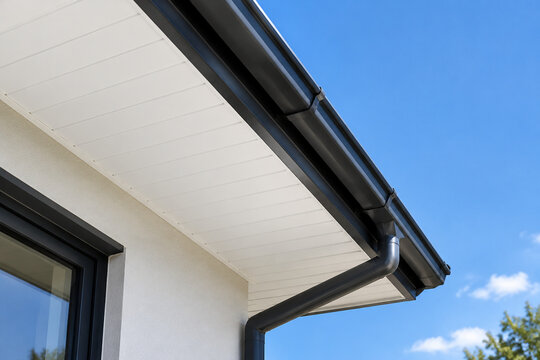 Clean white soffit board under eaves contrasting with dark rain gutter.
