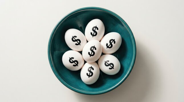 Decorative eggs with currency symbols in a blue bowl