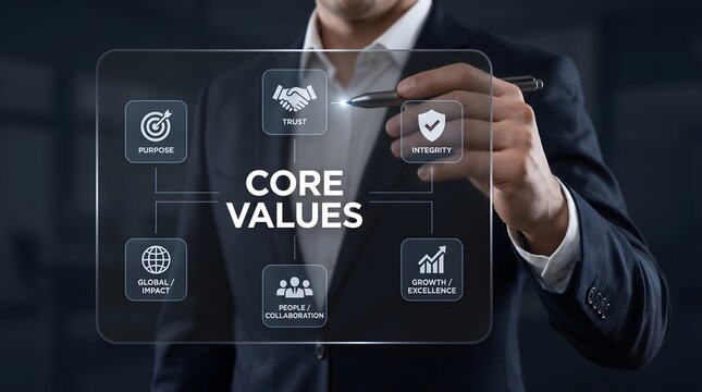 Core values and business ethics concept photo. Businessman touching digital screen with trust integrity purpose global impact collaboration and growth icons