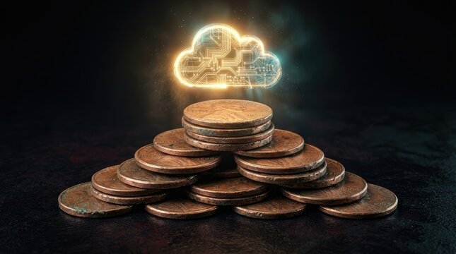 Digital cloud hovering above stacked copper coins on dark surface