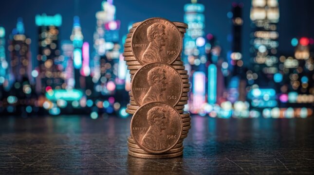 Stacked coins with city lights background at night