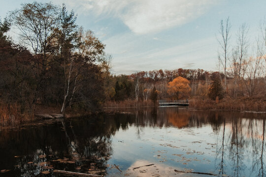 Peaceful autumn pond surrounded by colorful fall trees with a wooden observation platform and reflections on calm water