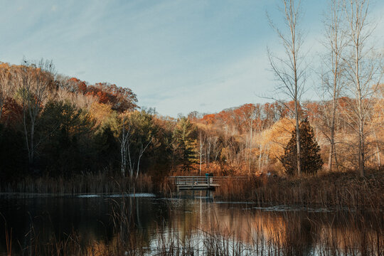 Peaceful autumn pond surrounded by colorful fall trees with a wooden observation platform and reflections on calm water