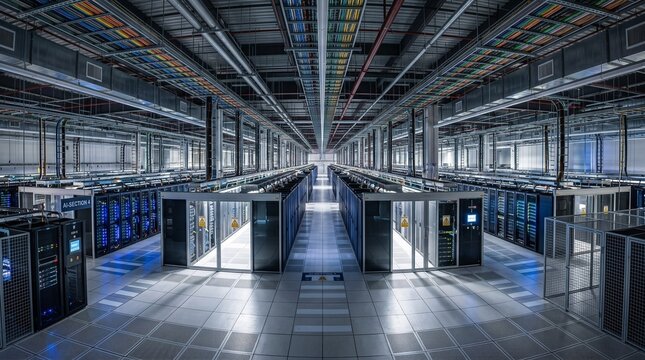 Modern data center server room, high tech cloud computing infrastructure, industrial supercomputer mainframe facility isolated PNG with Transparent Background