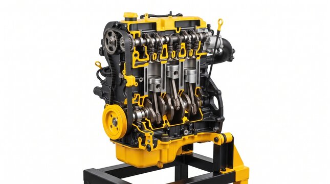 Detailed Combustion Engine Cutaway Model with Yellow and Black Finish