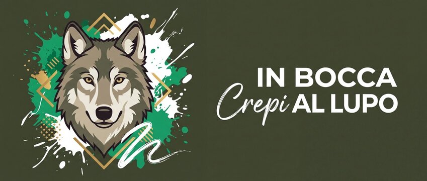 Wolf head illustration graphic logo featuring Italian good luck phrase In Bocca Al Lupo with paint splatter geometric frame on dark green background for banner design card vector copy space concept