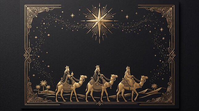 Three wise men riding camels under the star of Bethlehem in a gold and black decorative art print
