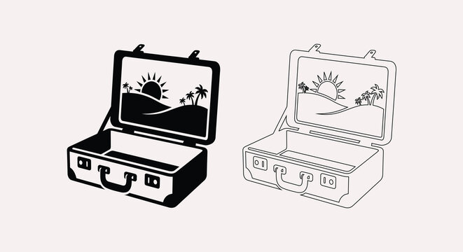 Open suitcase with tropical scene silhouette against a white background