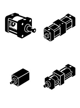 Black silhouette icons of industrial servo motors and linear actuators for mechanical engineering and automation