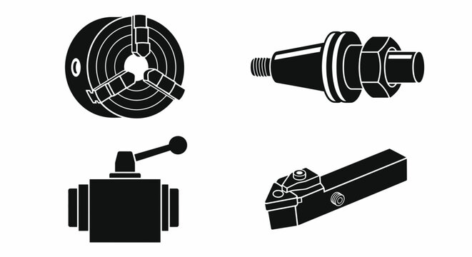Lathe machine parts silhouette icon set featuring chuck, spindle, lever and cutting tool