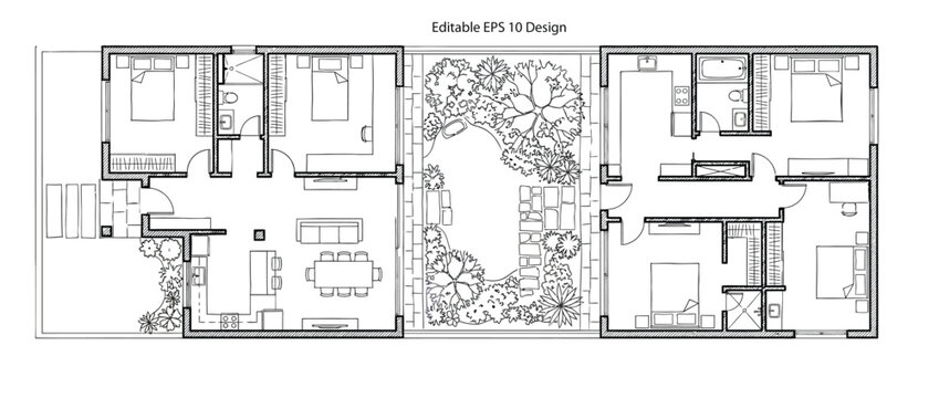 Modern residential house floor plan and CAD architectural drawings isolated on transparent background for construction