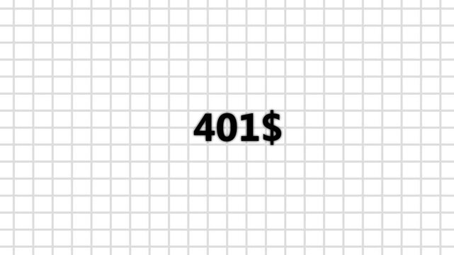 Eight hundred dollar counter animation on transparent grid background. Business increase counting dollar animation. 0 to 800 dollar counting animation.