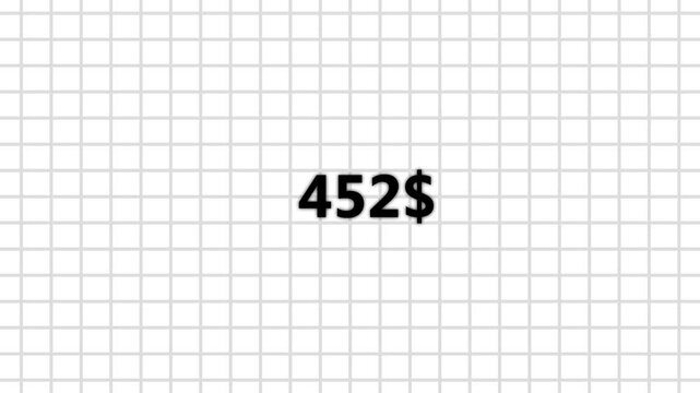 Nine hundred dollar counter animation on transparent grid background. Business increase counting dollar animation. 0 to 900 dollar counting animation.