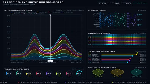 A sophisticated traffic demand prediction dashboard showcasing hourly congestion forecasts across major city corridors with vibrant, animated visualizations and a sleek interface.