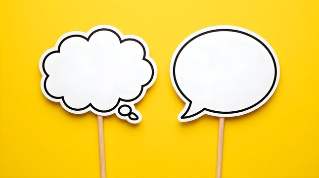 Minimalist blank thought and speech bubble signs over vivid yellow background for dialogue feedback and empty copy space for custom text
