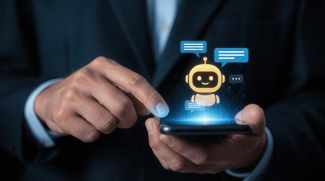 A person in a suit is touching a smartphone screen where a friendly chatbot avatar is interacting, representing conversational artificial intelligence and digital customer support advancements