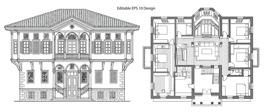 Detailed classical house facade and interior floor plan CAD architectural drawings isolated on transparent background