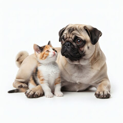 Obraz premium Cute pug dog sitting together with a playful little calico kitten in a studio setting on a white background