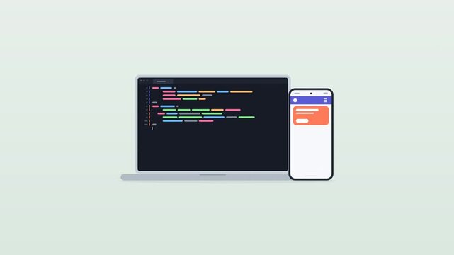Code typing on laptop builds responsive website preview on phone