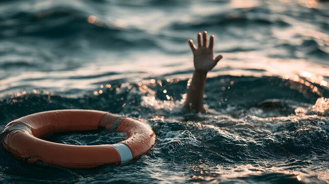Hand reaching out of the water with a lifebuoy