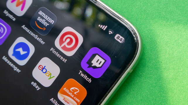 Smartphone interface displaying pinterest and twitch plus ebay icons representing social and shopping networks.