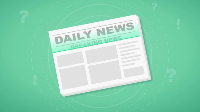 Animation showing newspaper being stamped with a fake label on a green background