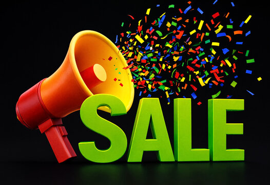 Bright sale announcement with colorful confetti bursting from megaphone