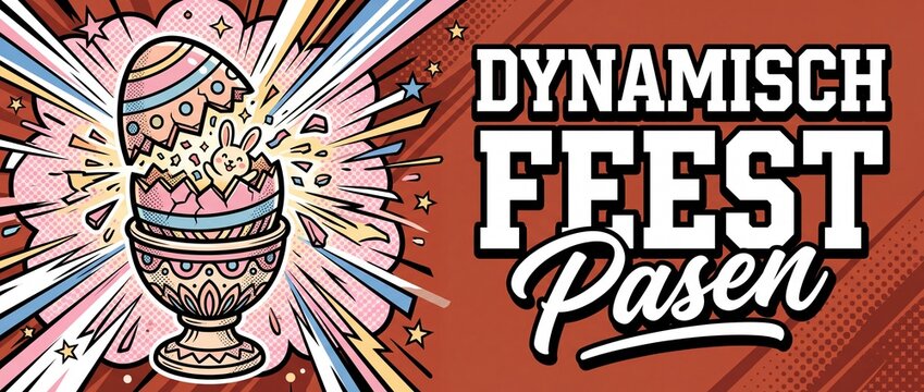 Dutch Easter banner pop art illustration featuring a cute bunny hatching from a decorative egg on a retro comic book background with dynamic explosion lines and the festive text Dynamisch Feest Pasen