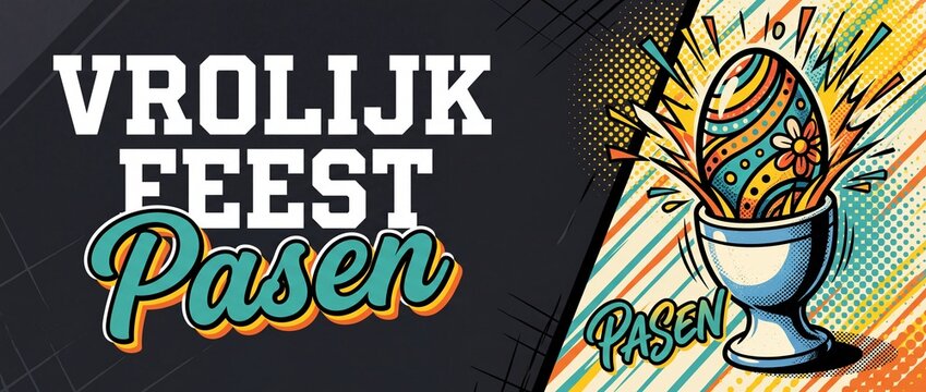 Easter egg pop art illustration bursting from cup in colorful retro comic style with halftone dots and Dutch Vrolijk Feest Pasen text creating a festive vintage holiday celebration banner for spring.
