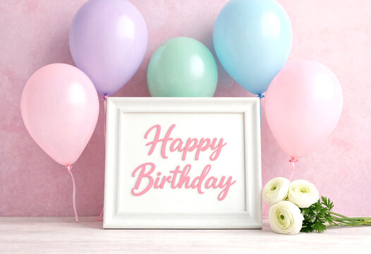 Happy Birthday Card with Balloons and Flowers on Pastel Background