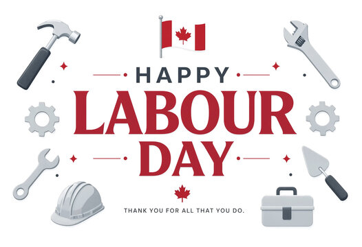 Happy Labour Day Celebration Graphic with Canadian Flag and Tools