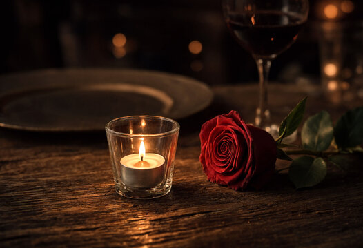 Romantic dinner table setting with candle rose wine glass dark ambiance