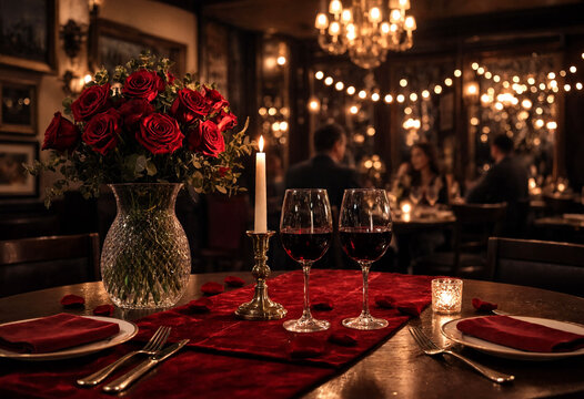 Romantic Dinner Setup With Red Roses And Wine Glasses In Elegant Restaurant