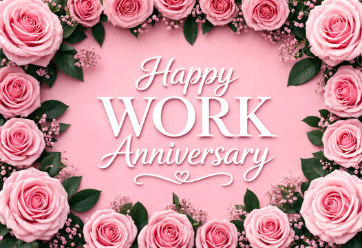 Pink Roses Work Anniversary Greeting Card Design With Floral Border