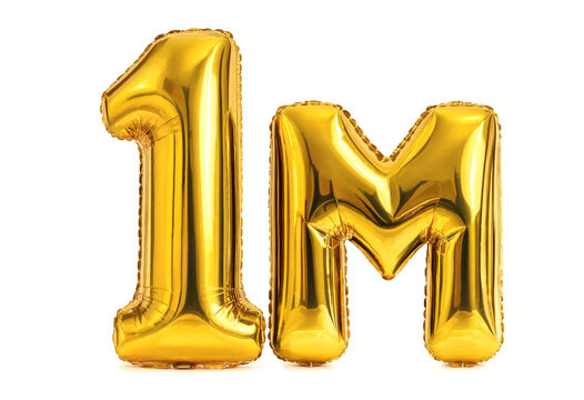 Shiny gold foil number one and letter M balloons isolated background