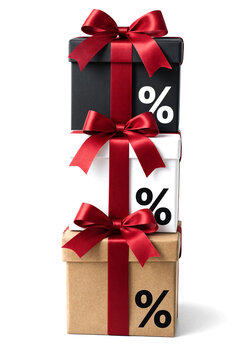 Stacked gift boxes with percentage signs and red ribbons for discount promotion