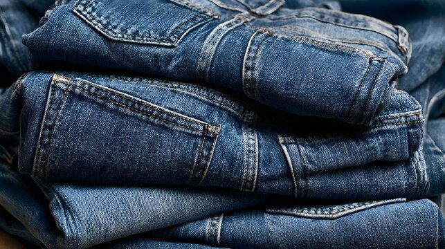 Folded blue denim jeans stack